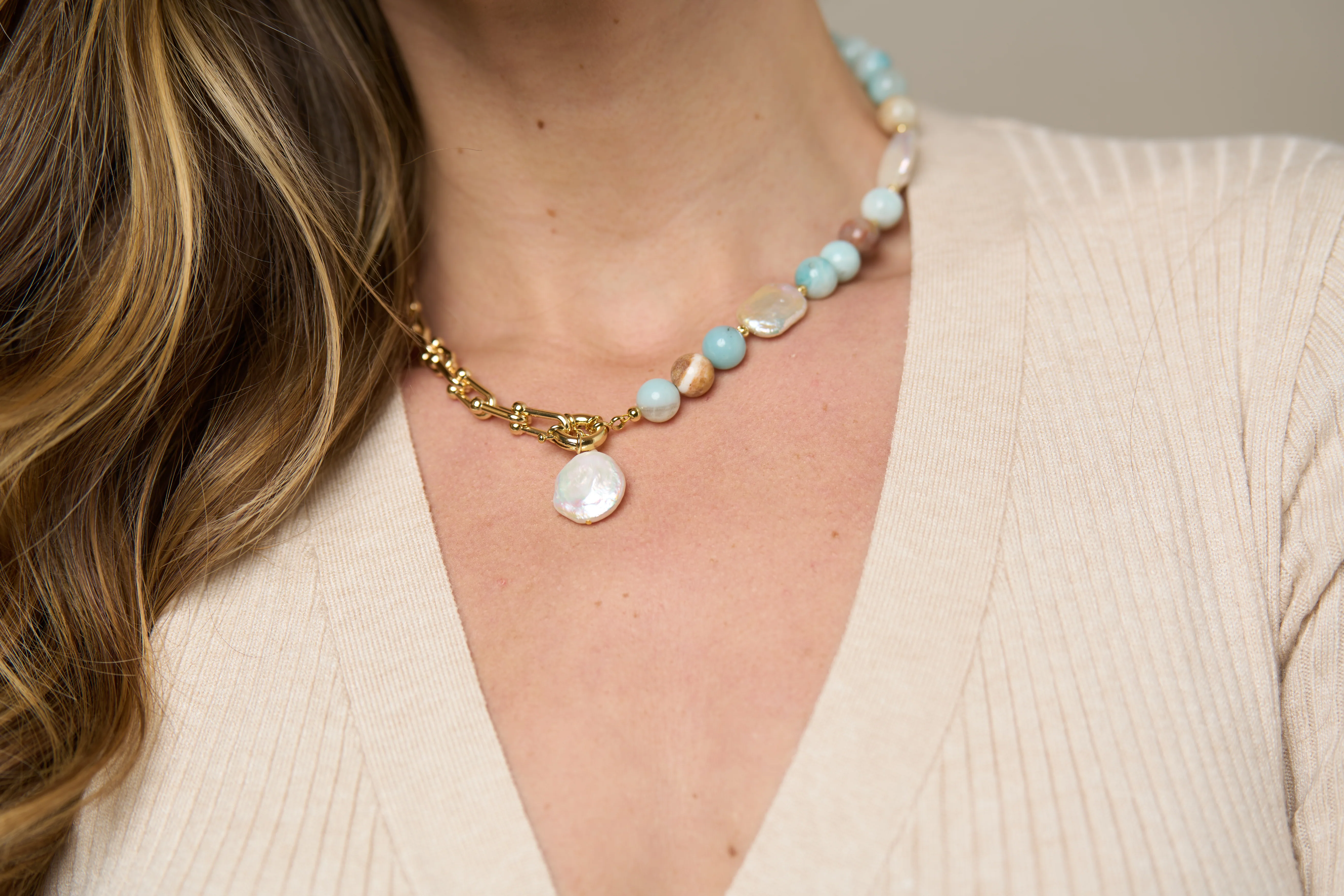 Clara chunky gold fill chain & amazonite necklace with cultured freshwater pearl drop - Image 4