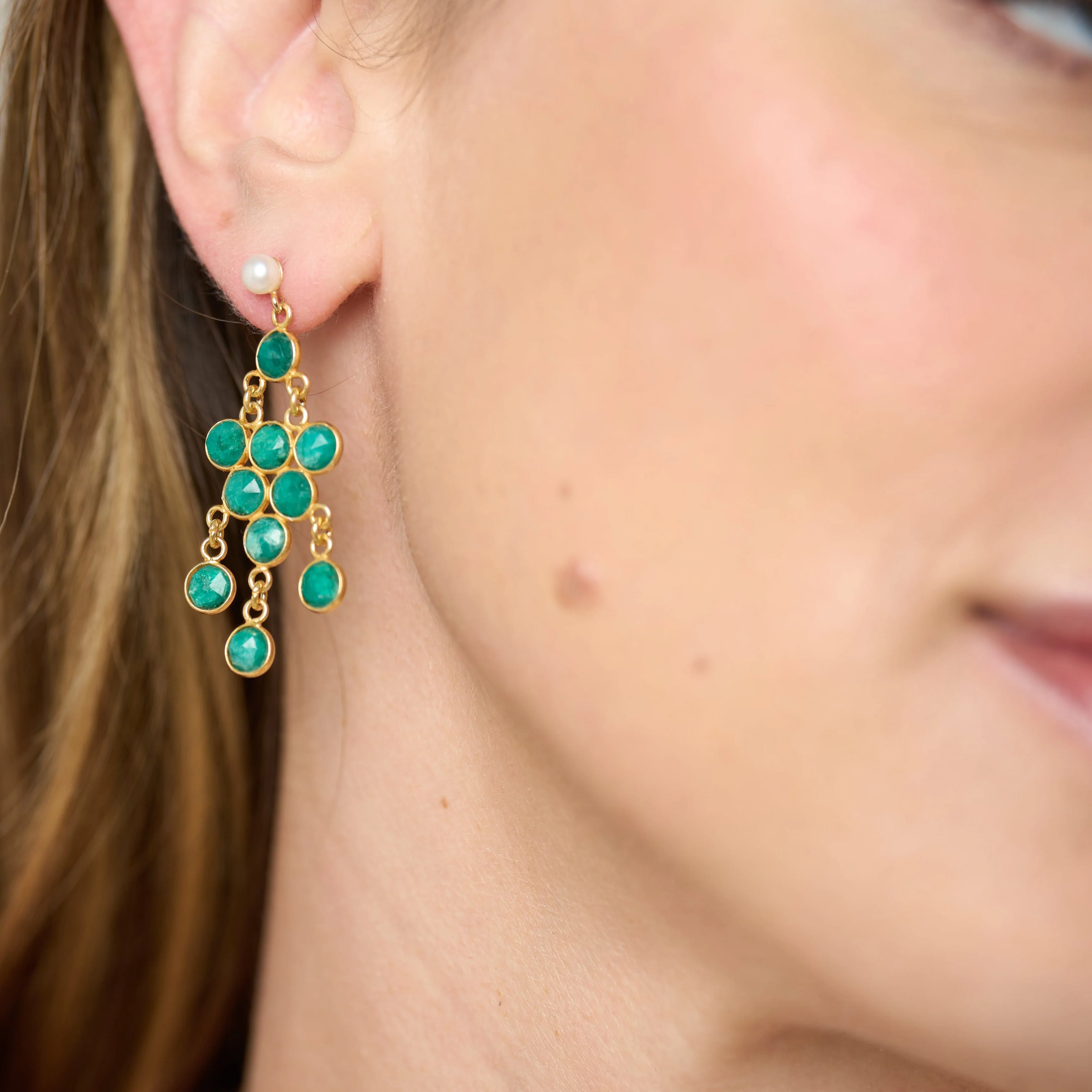Clara cultured freshwater pearl earrings & emerald chandelier earrings - Image 2