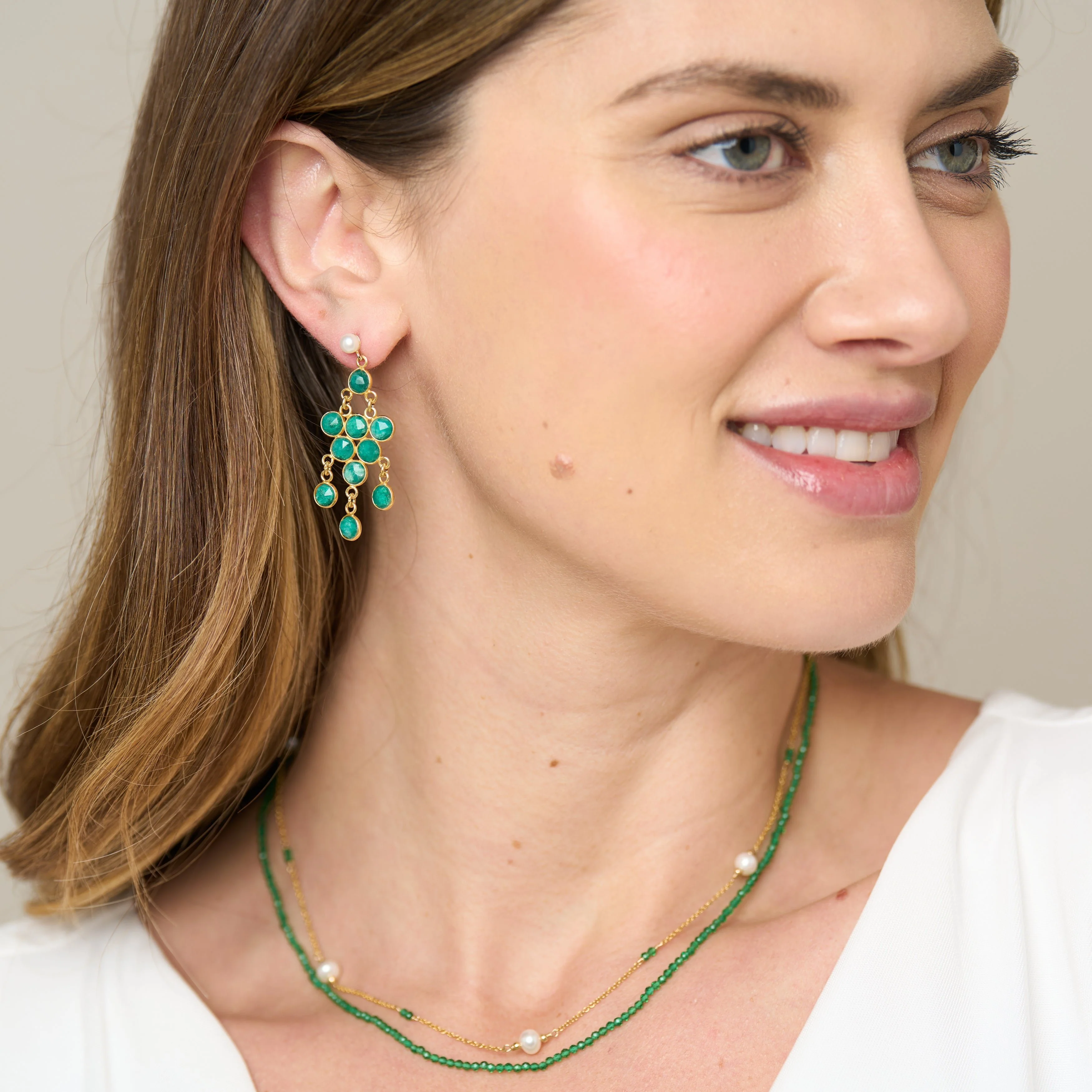Clara cultured freshwater pearl earrings & emerald chandelier earrings - Image 3