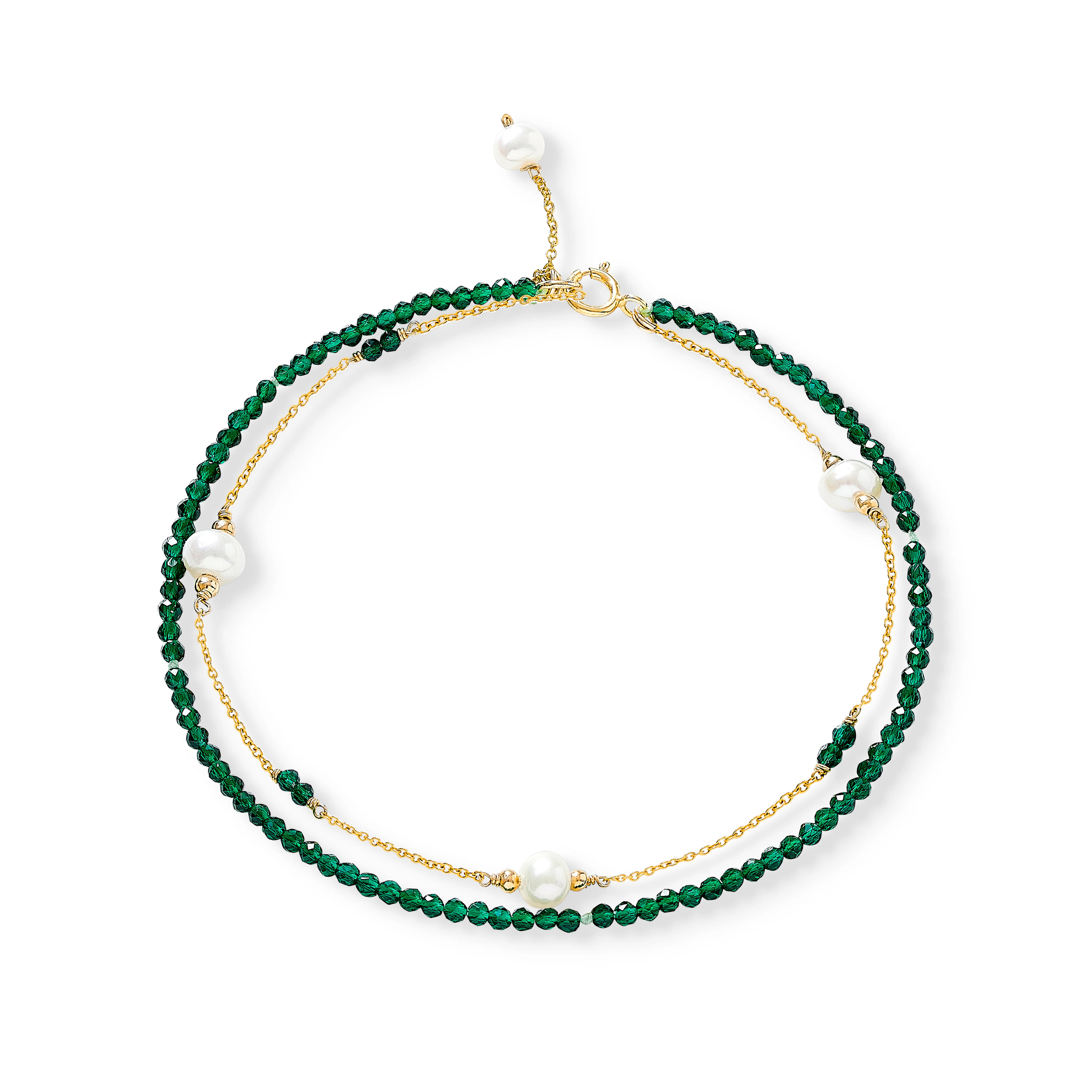 Clara fine double chain bracelet with cultured freshwater pearls & emerald green crystals