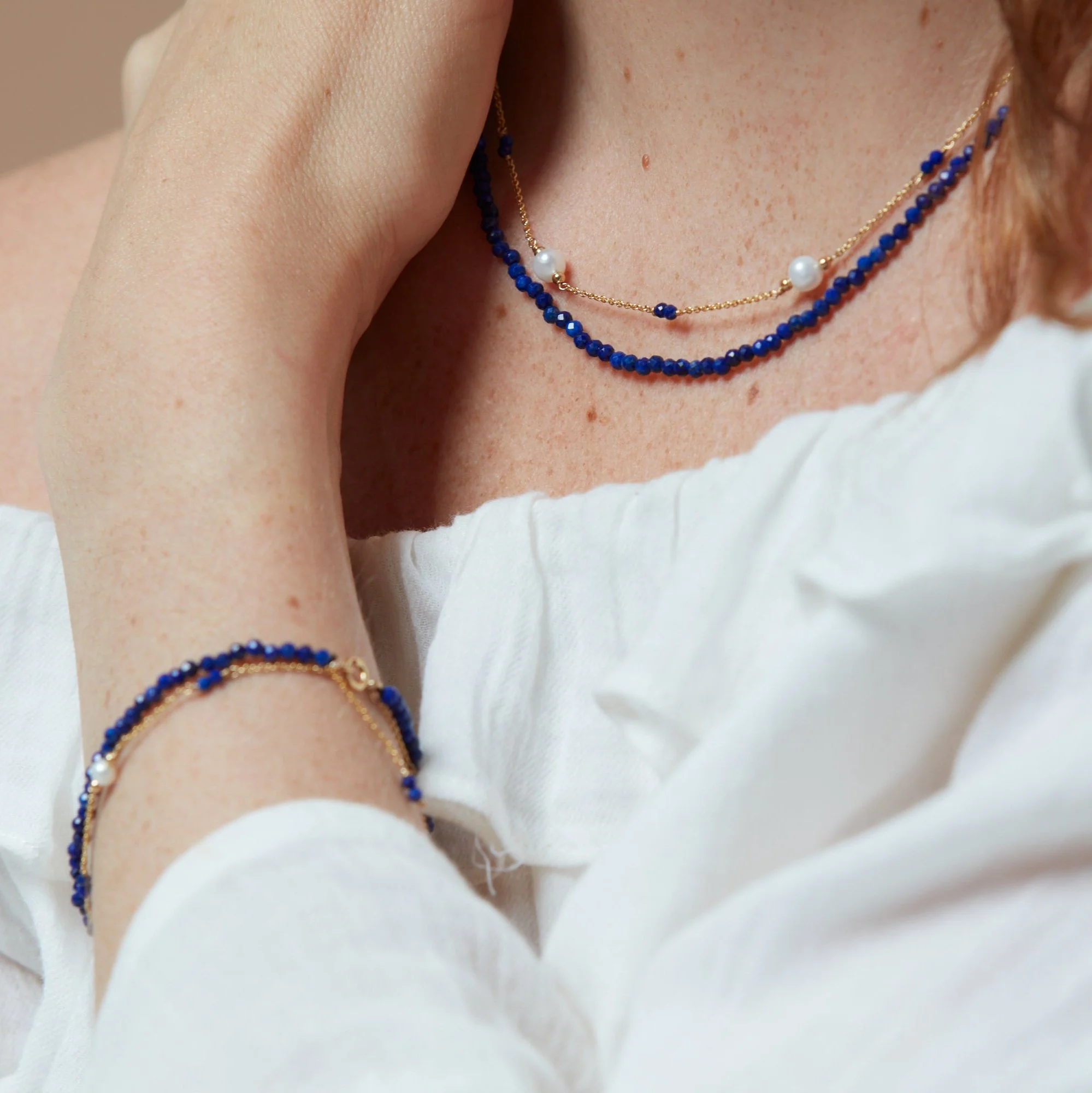 Clara fine double chain bracelet with cultured freshwater pearls & lapis lazuli - Image 3