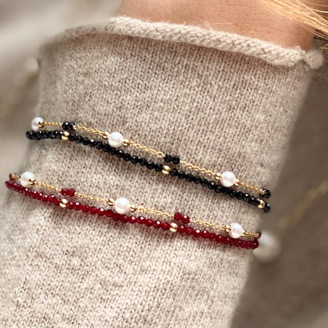 Clara fine double chain bracelet with cultured freshwater pearls & red spinel - Image 3