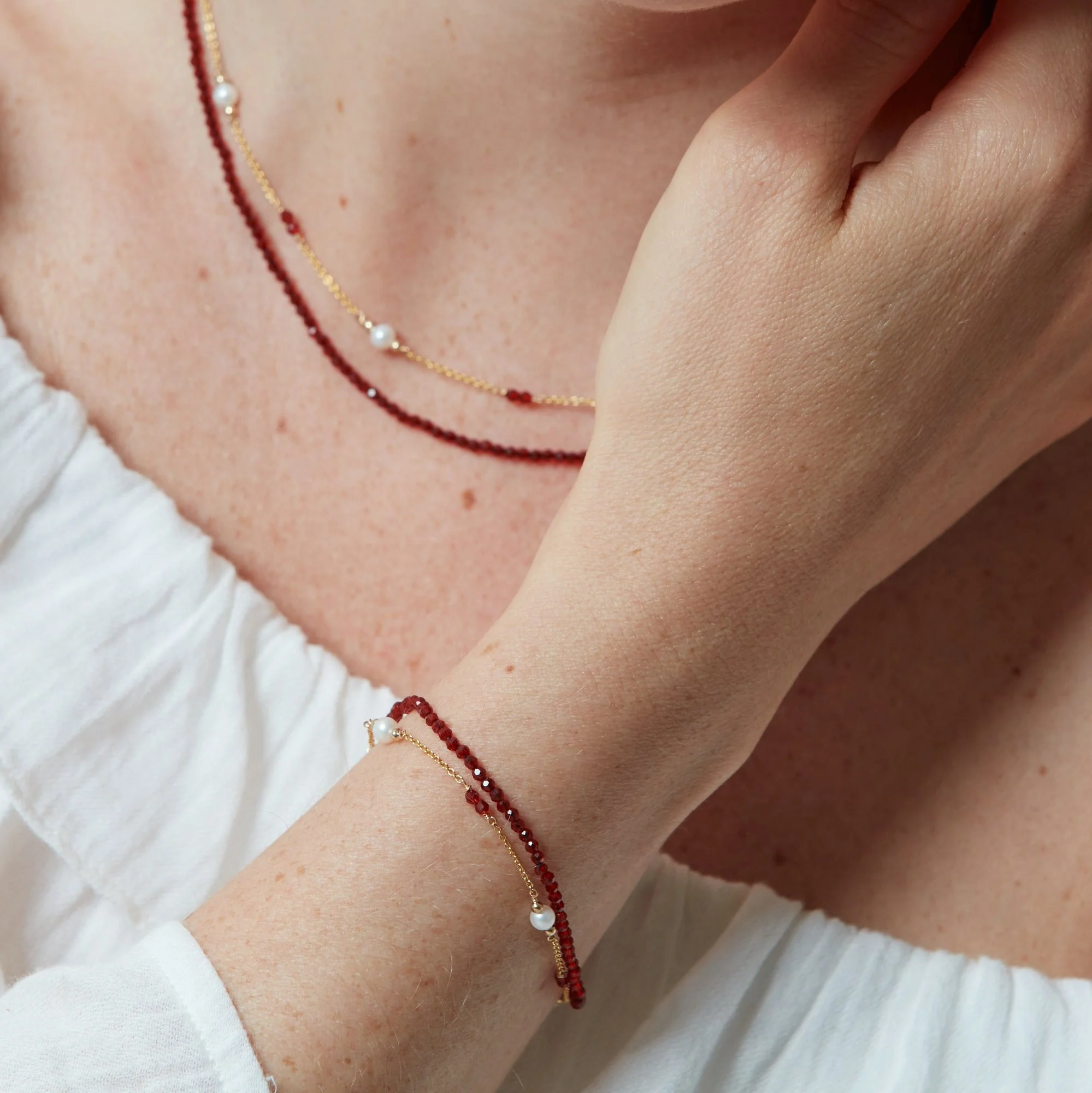 Clara fine double chain bracelet with cultured freshwater pearls & red spinel - Image 4