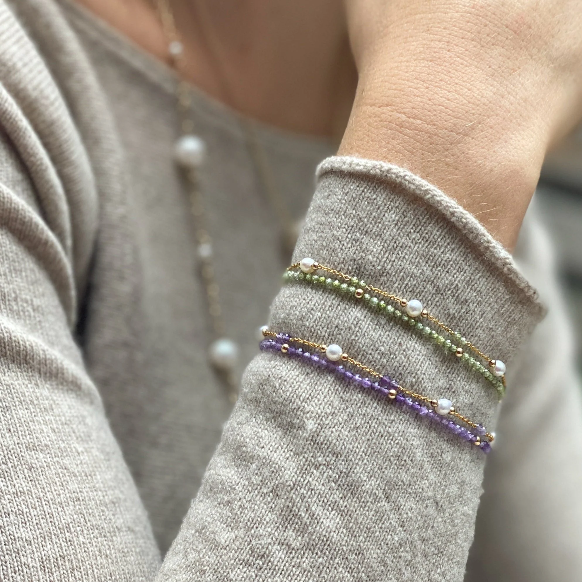 Clara fine double chain bracelet with cultured freshwater pearls & amethyst - Image 3