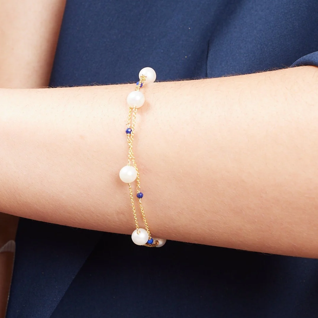 Credo fine double chain bracelet with cultured freshwater pearls & lapis lazuli - Image 2