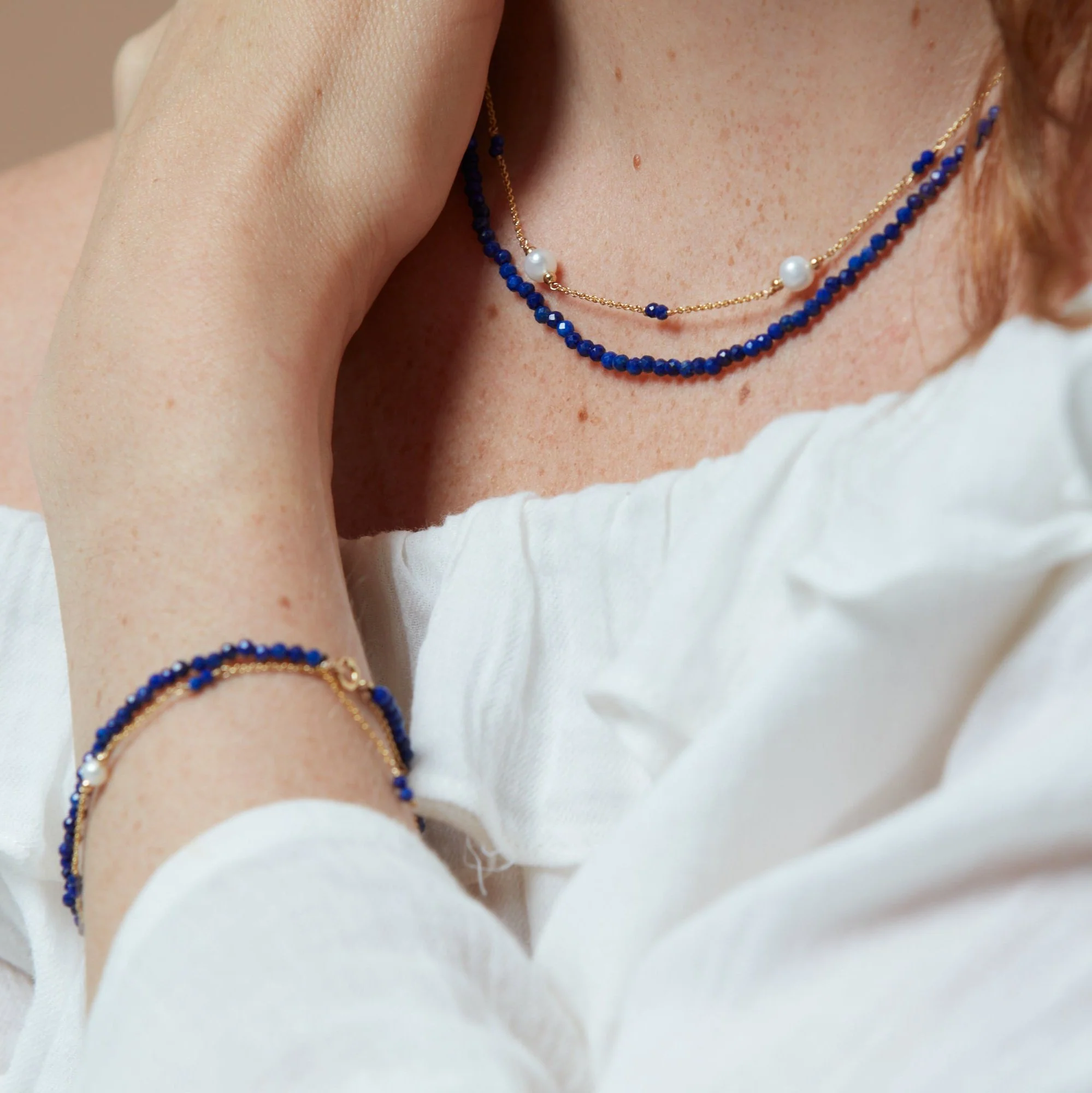 Clara fine double chain set with faceted lapis lazuli & cultured freshwater pearls - Image 3