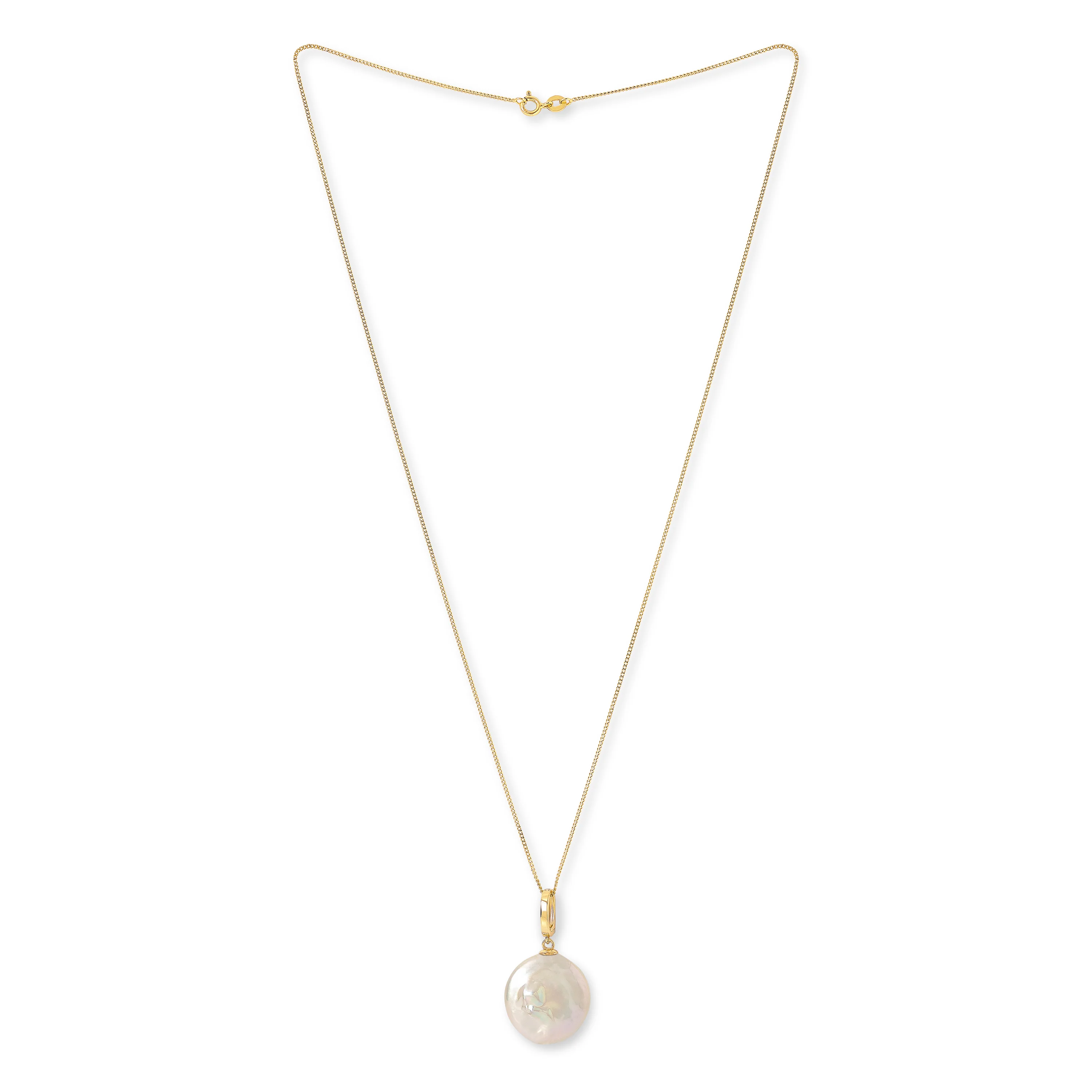 Credo large coin pearl pendant on gold plated silver chain