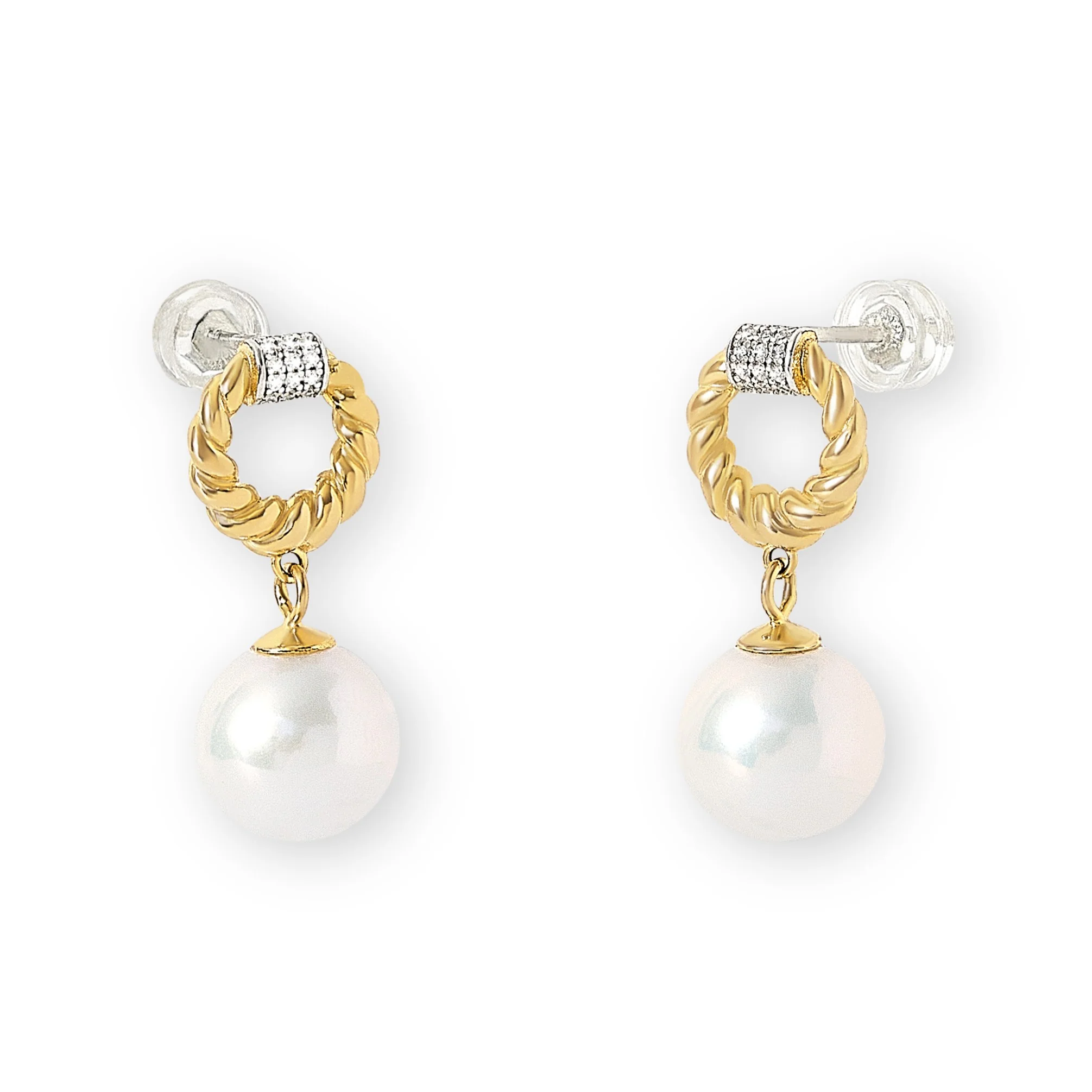 Credo twisted gold circle stud earrings with sparkle and cultured freshwater pearl drops