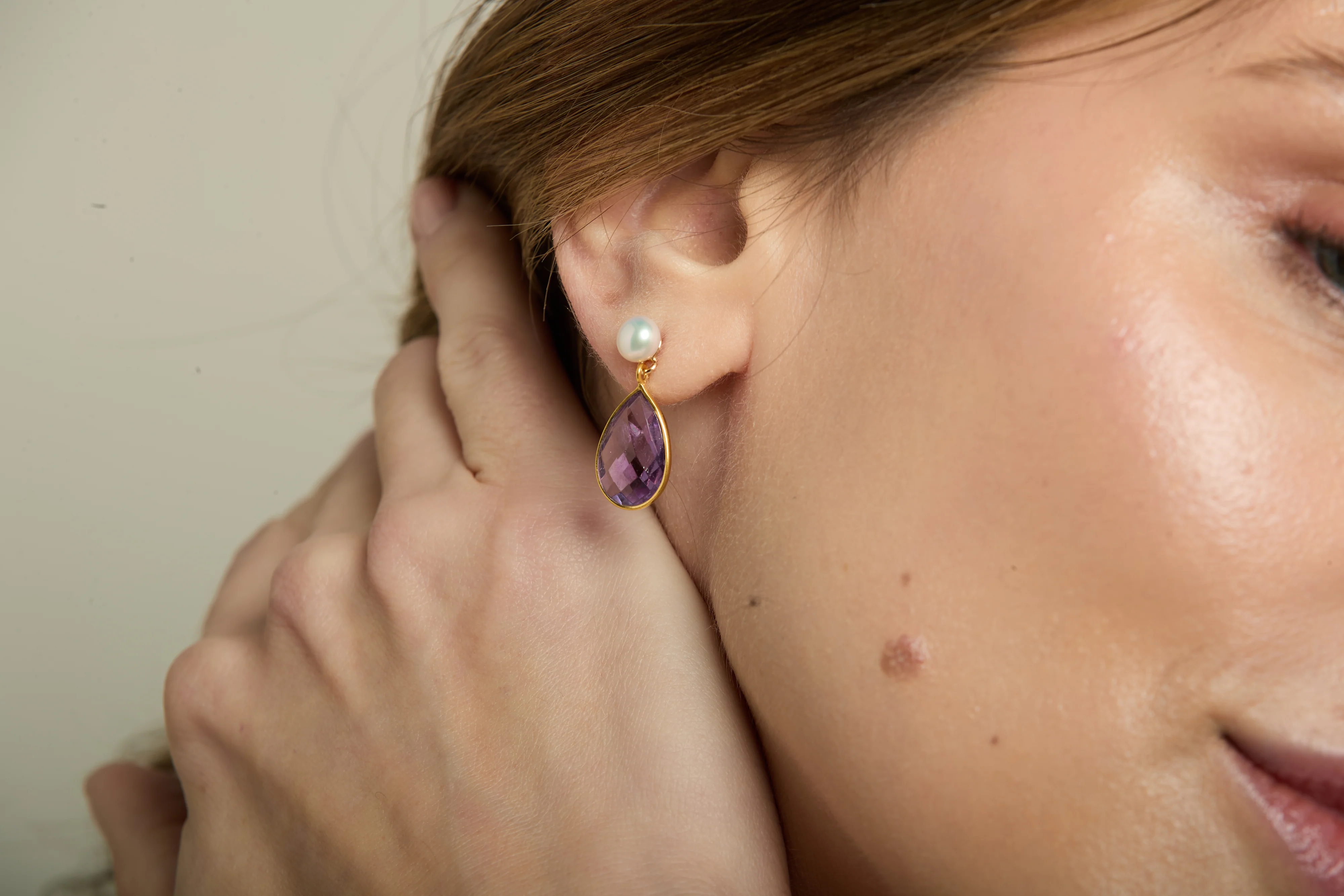 Clara Cultured Freshwater Pearl & Amethyst Drop Earrings - Image 3