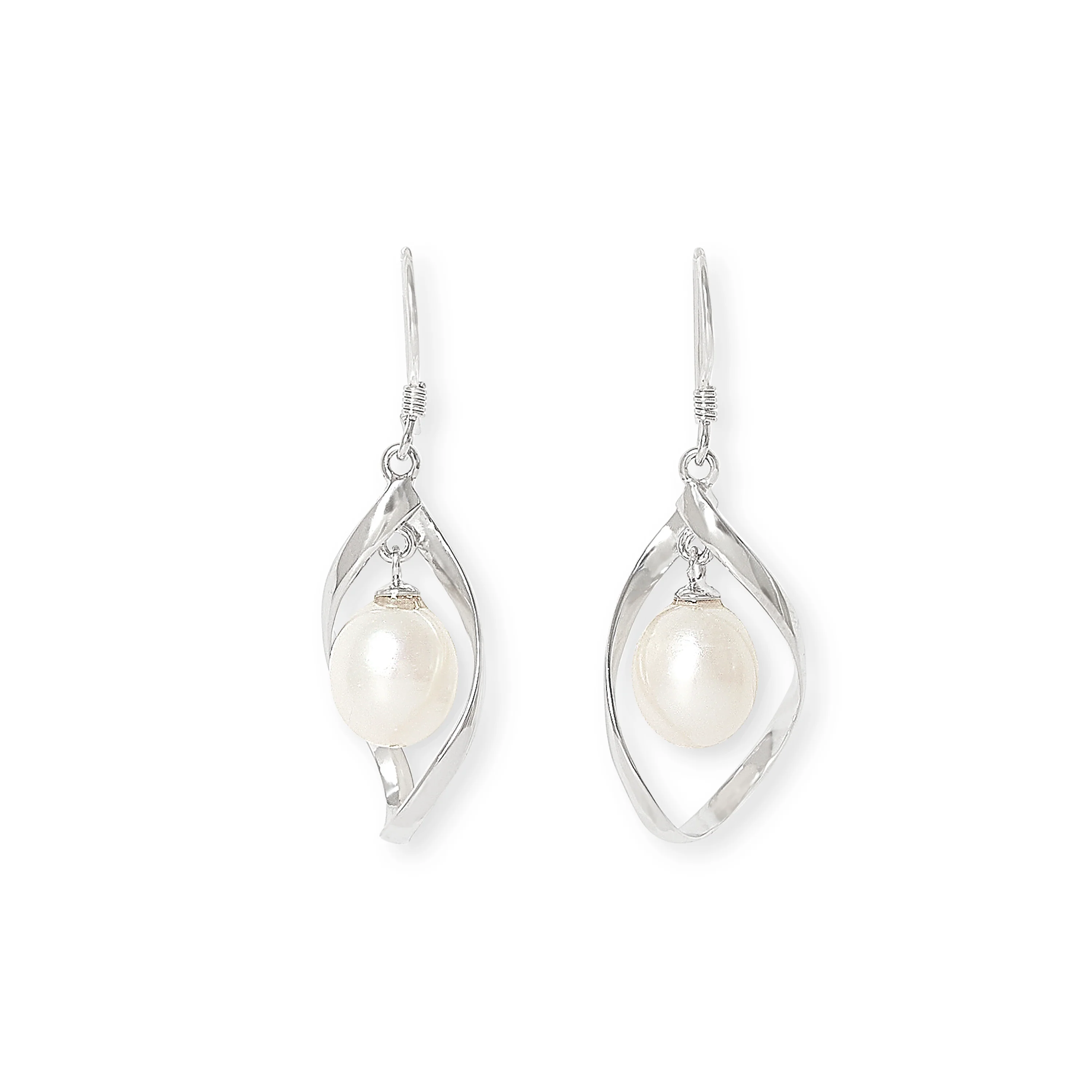 Gratia cultured freshwater pearl drop earrings in silver swirls