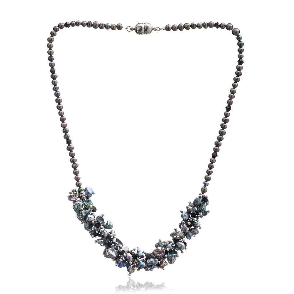 Decus black keishi pearl and crystal necklace with magnet clasp