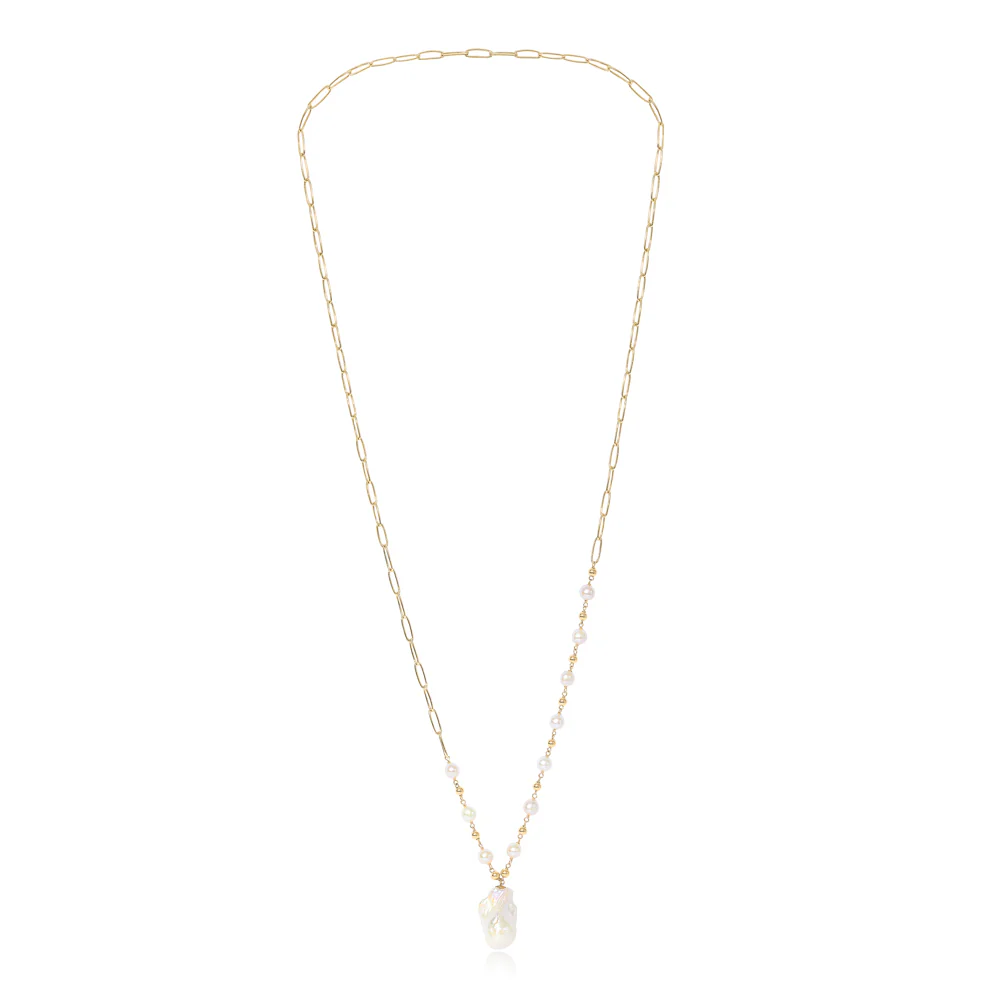 Decus large baroque 'fireball' cultured freshwater pearl drop on long gold chain - Image 3