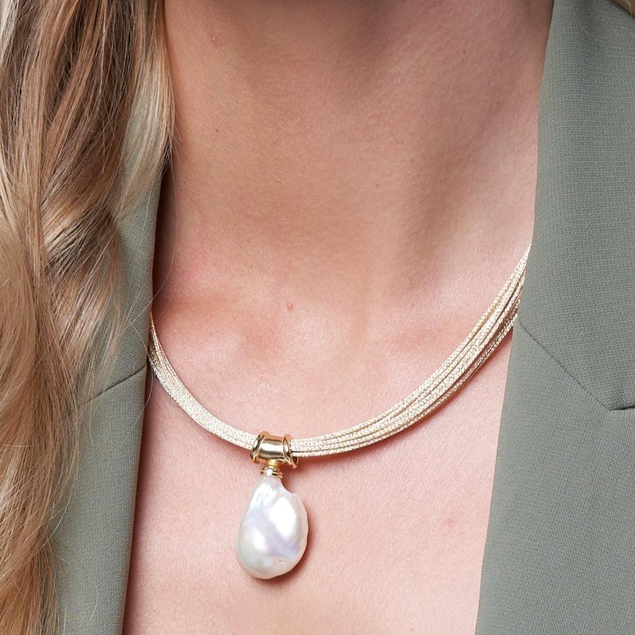 Decus large baroque 'fireball' cultured freshwater pearl drop on multi-strand gold necklace - Image 4