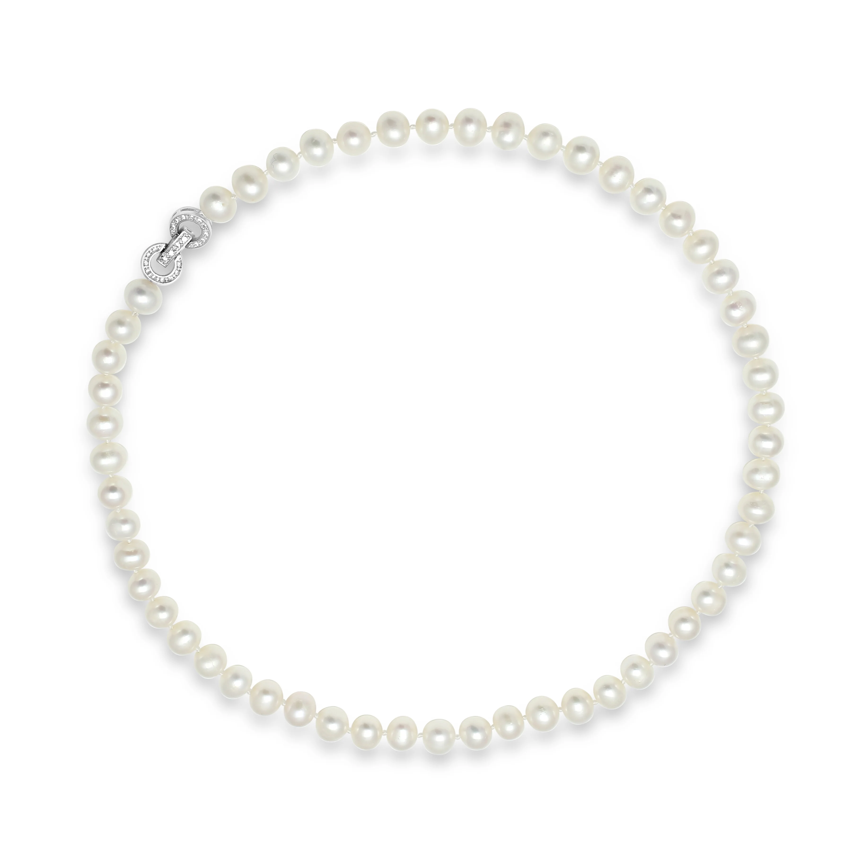 Gratia almost round white cultured freshwater pearl necklace with pave sparkle clasp