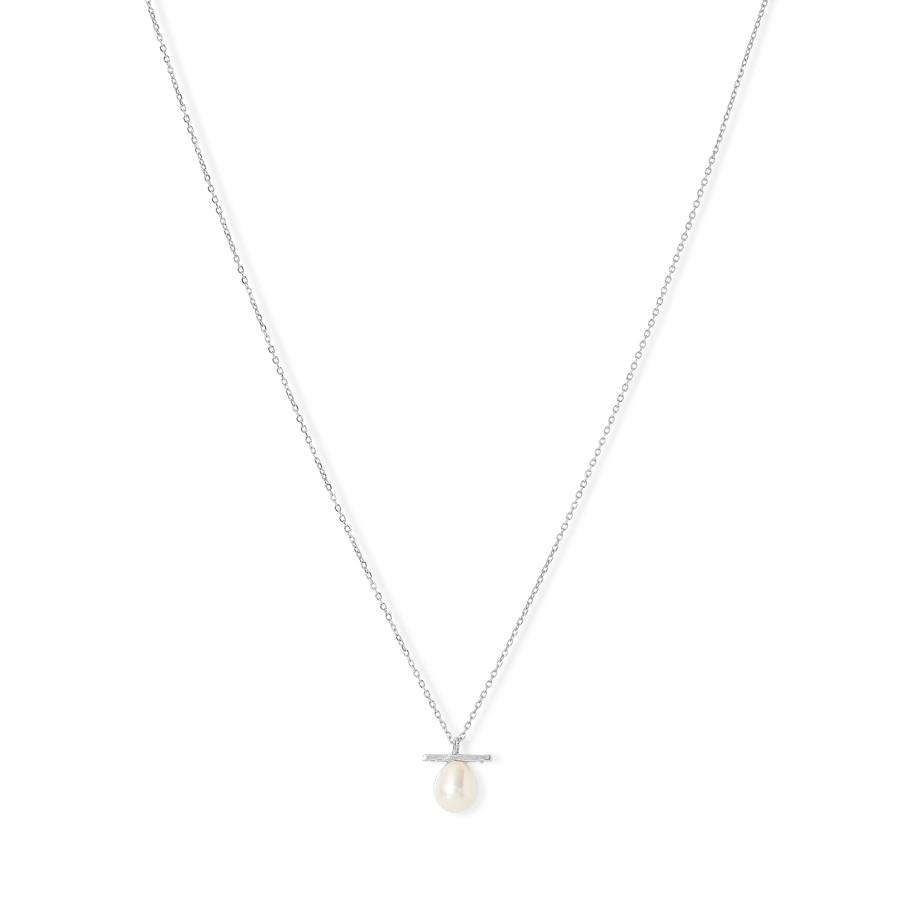 Gratia sterling silver chain with central white cultured freshwater pearl beneath delicate bar