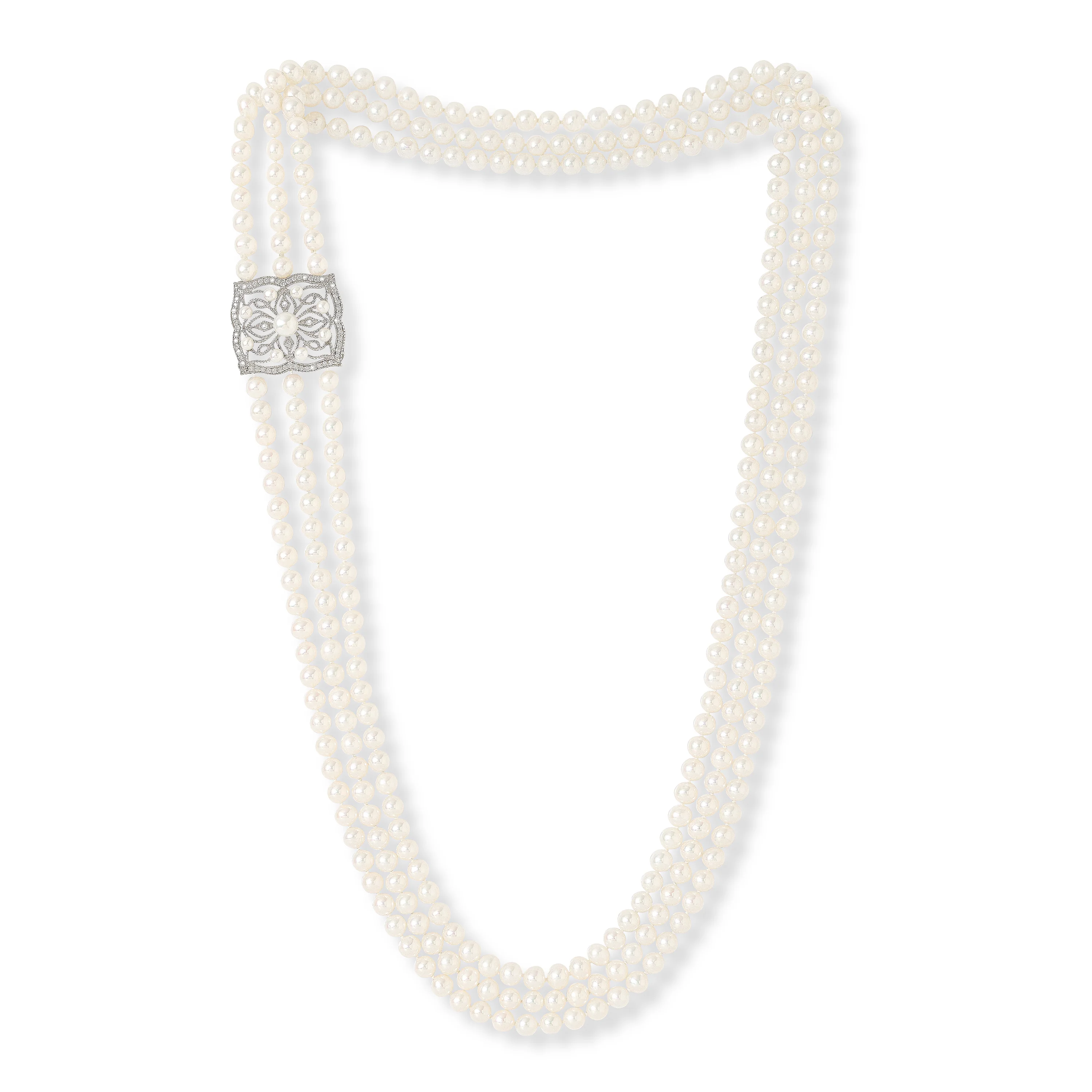 Gratia triple strand cultured freshwater pearl loop necklace with art deco style feature