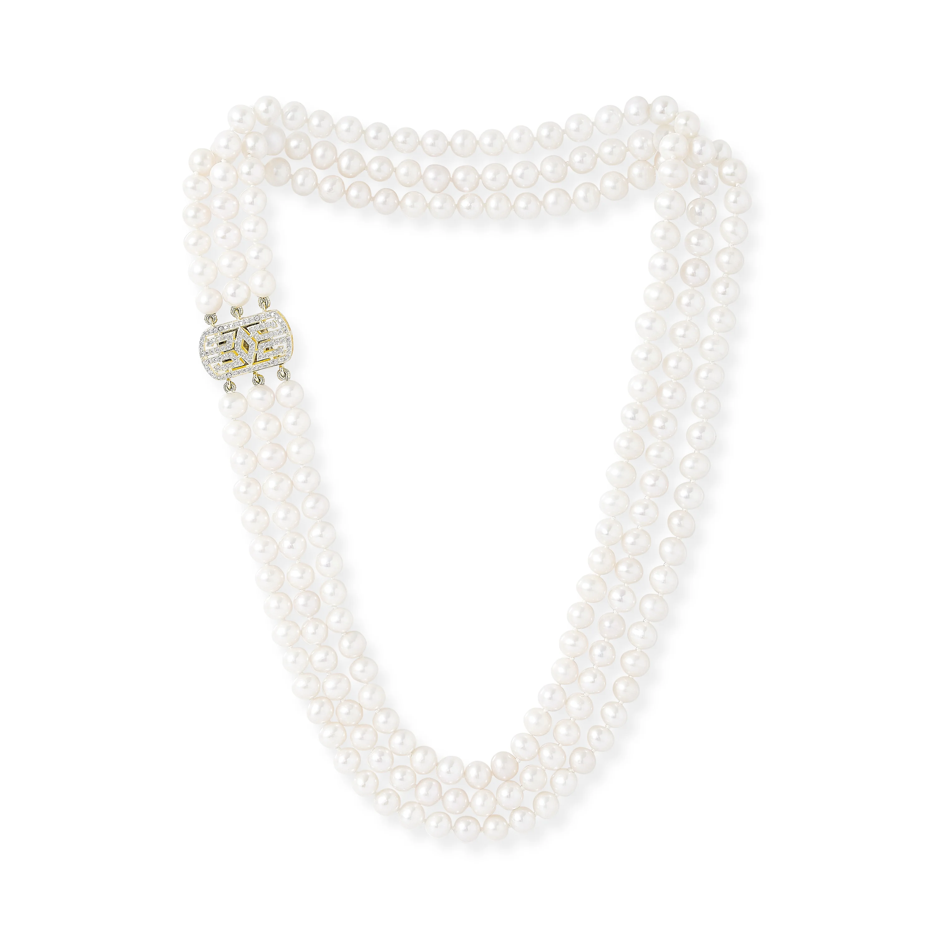 Stella triple strand cultured freshwater pearl necklace with art deco style gold vermeil pave clasp