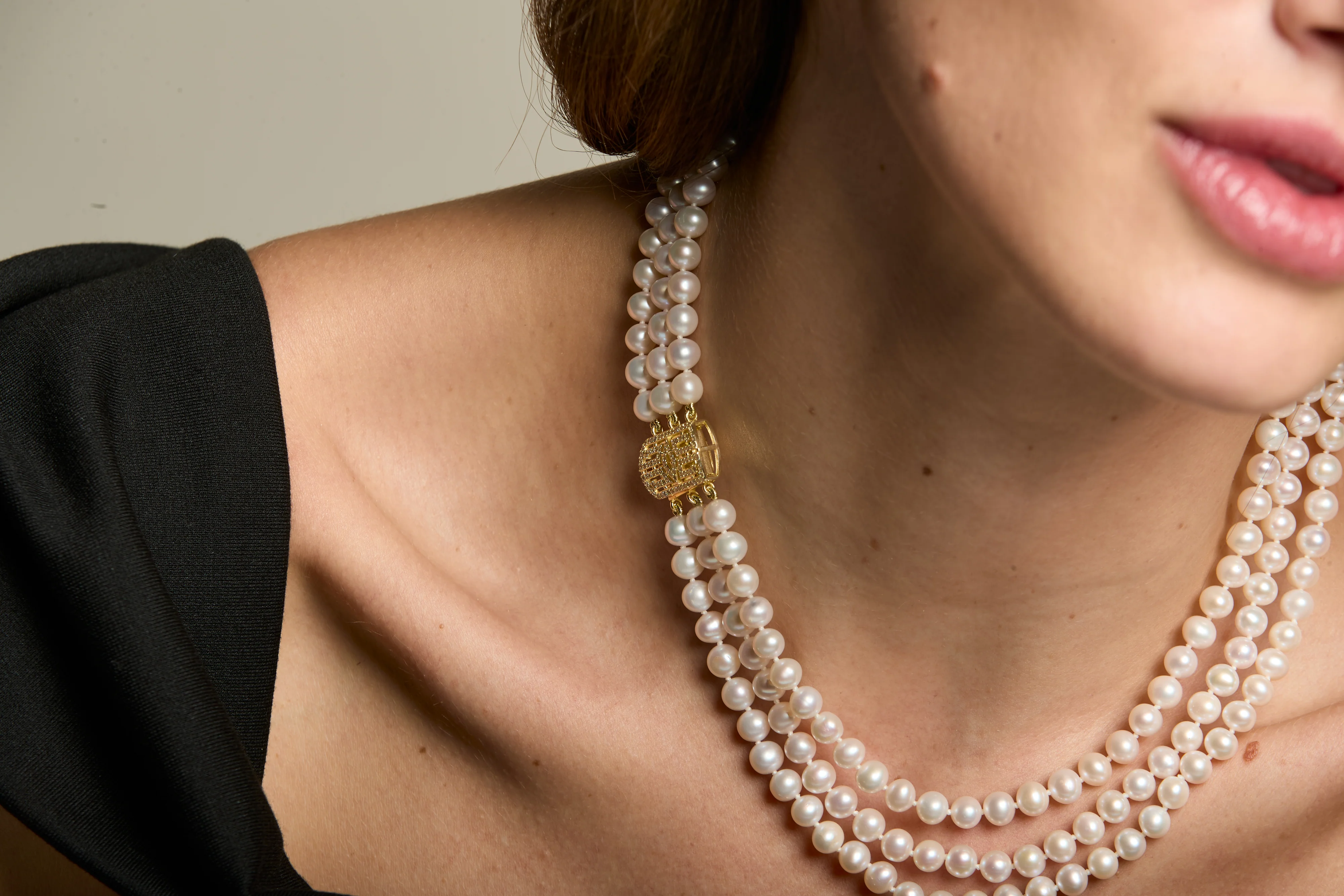 Stella triple strand cultured freshwater pearl necklace with art deco style gold vermeil pave clasp - Image 2