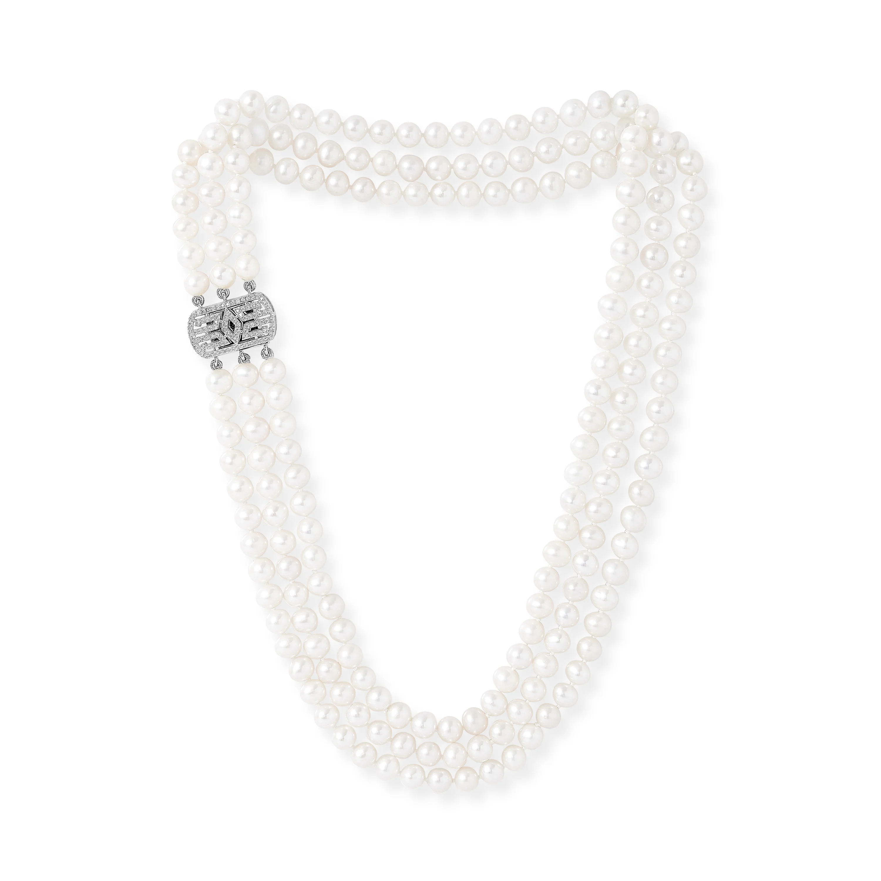 Stella triple strand cultured freshwater pearl necklace with art deco style pave clasp