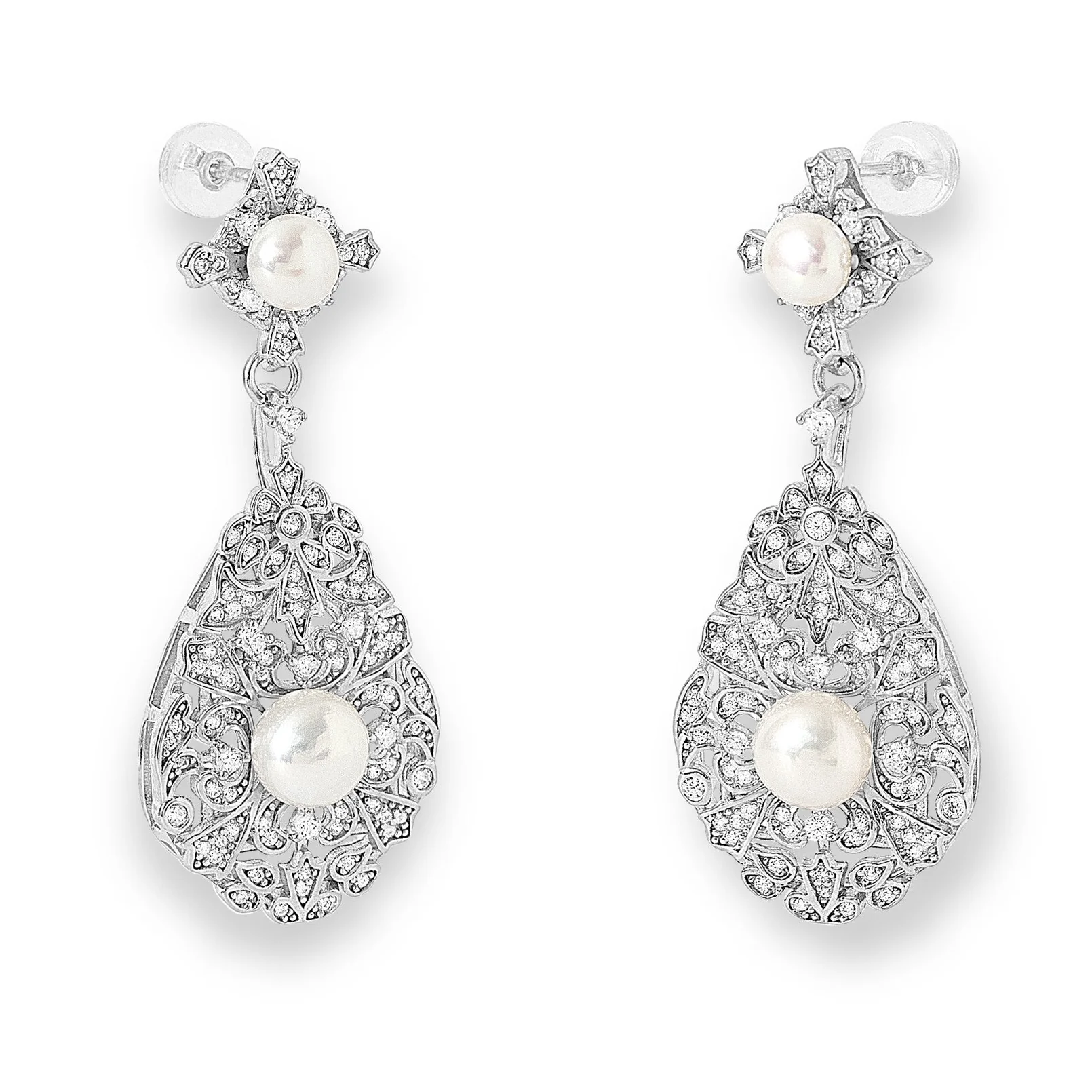 Stella vintage style pave silver drop earrings with cultured freshwater pearls