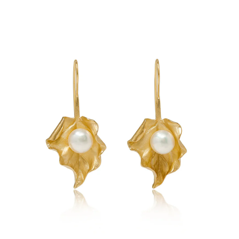 Vita Cultured Freshwater Pearl Leaf Earrings In Gold Plated Silver