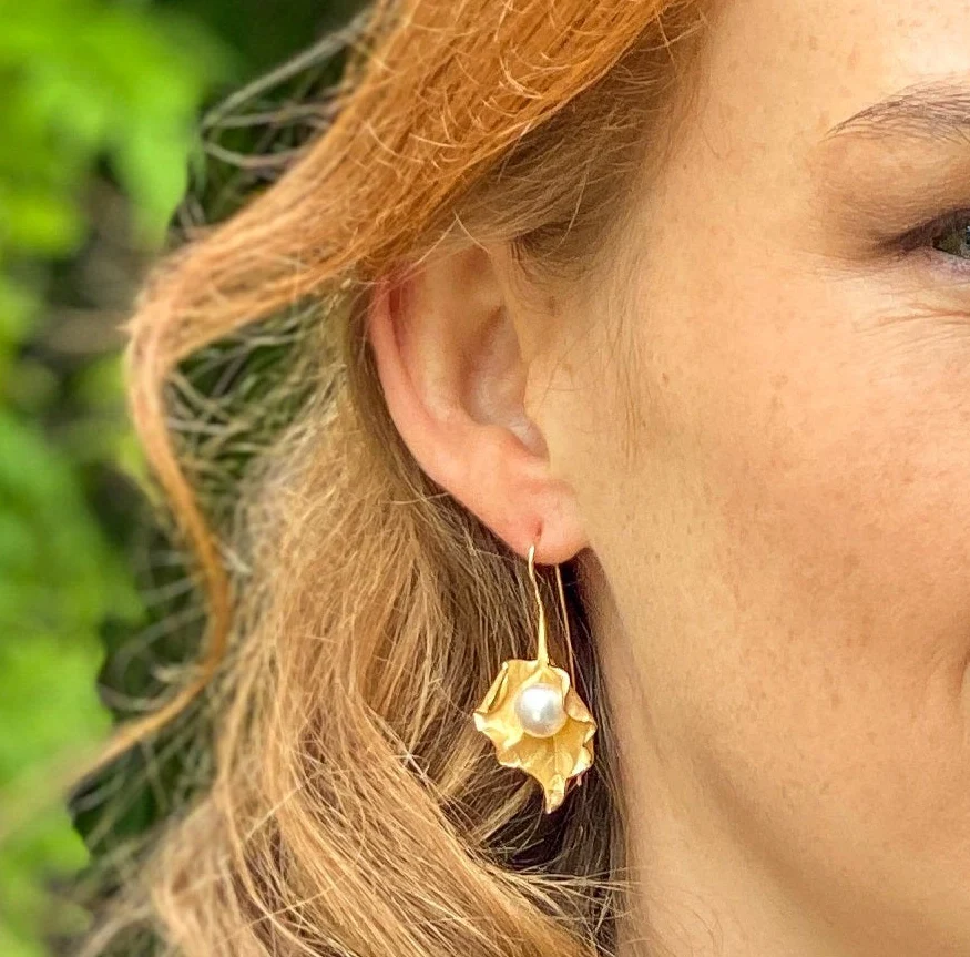 Vita Cultured Freshwater Pearl Leaf Earrings In Gold Plated Silver - Image 2
