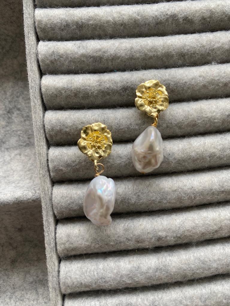 Vita Gold Cherry Blossom & Baroque Cultured Freshwater Pearl Drop Earrings - Image 3